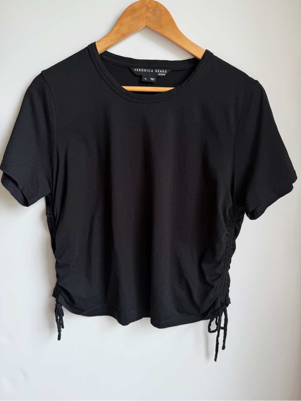 Veronica Beard 100% Pima Cotton Ruched Scrunch Tie Short Sleeve Top XL Black